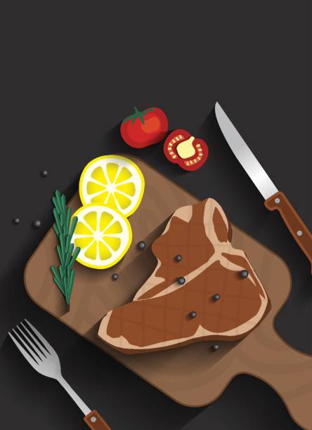 ilustrações de stock, clip art, desenhos animados e ícones de cooked meat t-bone steak on serving board top view. - steak meat beef t bone steak