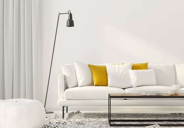гостиная с белым диваном - furniture contemporary domestic room sparse стоковые фото и изображения