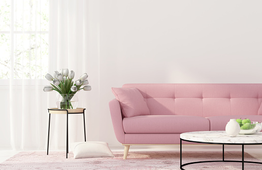 3D illustration. Interior of the living room with a pink sofa