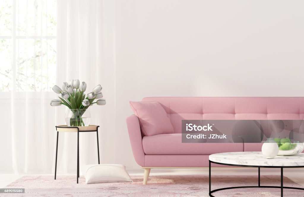 Living room with a pink sofa 3D illustration. Interior of the living room with a pink sofa Pink Color Stock Photo