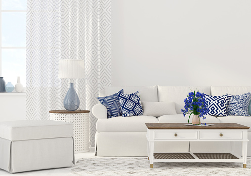 3D illustration. Interior of the living room in white and blue color