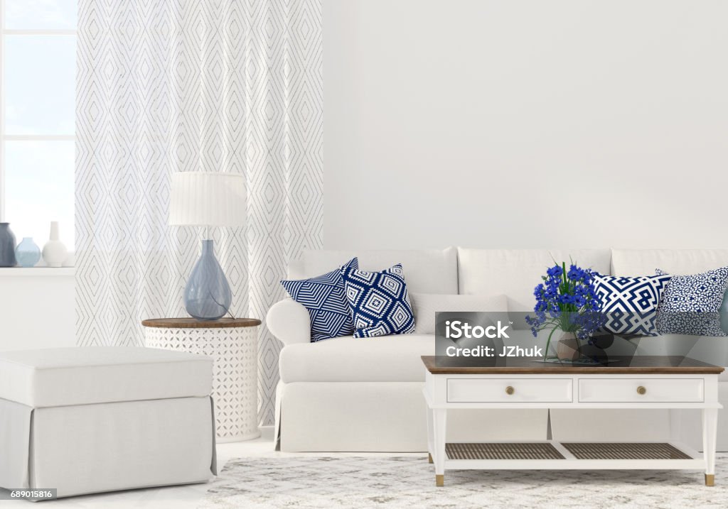 Interior of the living room 3D illustration. Interior of the living room in white and blue color Living Room Stock Photo