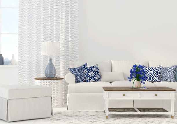 Interior of the living room 3D illustration. Interior of the living room in white and blue color blue interiors stock pictures, royalty-free photos & images