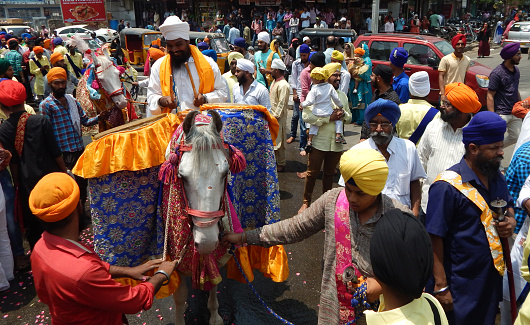 Hyderabad,India-April 13: Sikhs take procession for Vishaal Deewan in celebration of 318th Khalsa Saajna Divas or Baisakhi on April 13,2017 in Hyderabad,India