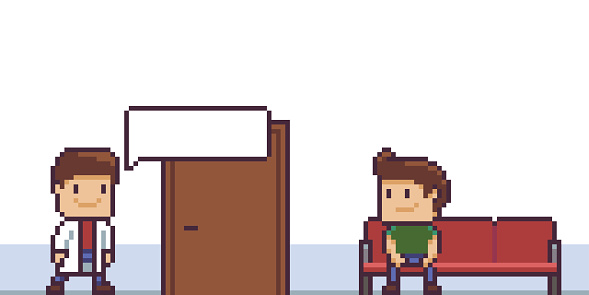 Pixel art patient and doctor with speech bubble, 8-bit characters in clinic hall