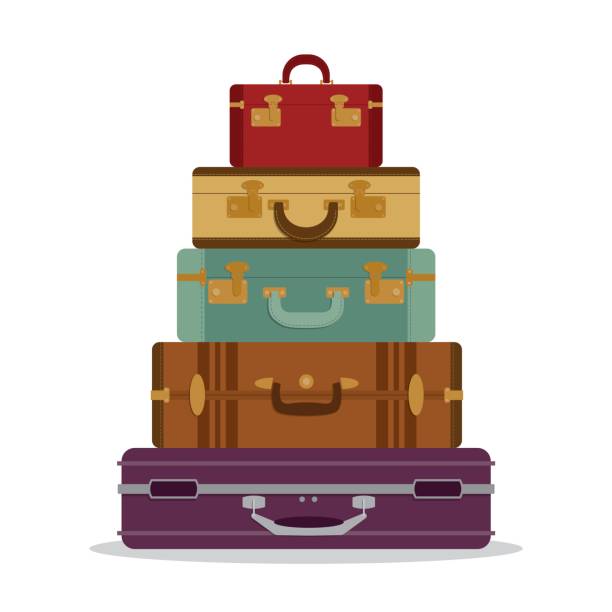 산 빈티지한 트렁크 - suitcase label travel luggage stock illustrations