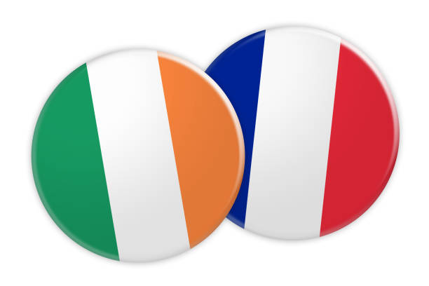 aktuelles konzept: irland flagge auf frankreich flagge taste, 3d illustration auf weißem hintergrund - france germany flag white background stock-grafiken, -clipart, -cartoons und -symbole