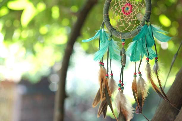 istock Soft focus dream catcher blue coral and natural bokeh background selective focus and blurry. Native american dream catcher. (Vintage style) boho chic, ethnic amulet. 689044600