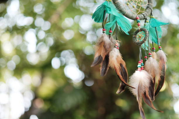 istock Dream catcher blue coral and natural bokeh background selective focus and blurry. (Vintage style)  boho chic, ethnic amulet. 689044616
