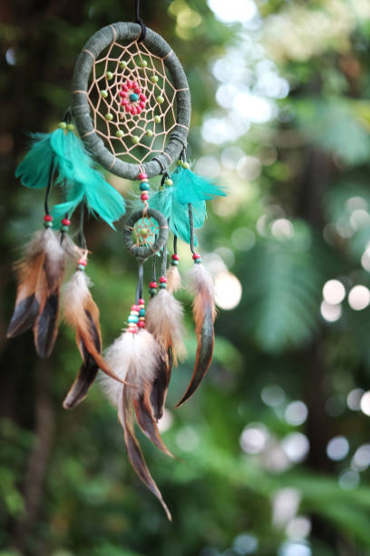 istock Dream catcher blue coral and natural bokeh background selective focus and blurry. (Vintage style)  boho chic, ethnic amulet. 689044668