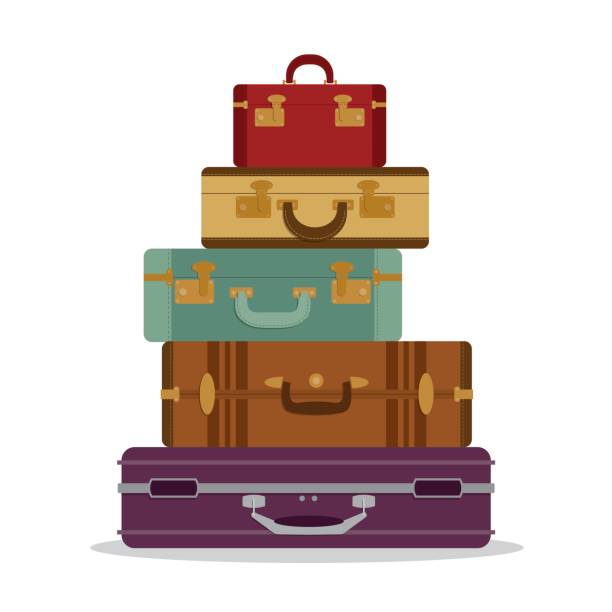 Mountain vintage suitcases Different Retro Suitcases Isolated on White - Illustration luggage strap stock illustrations