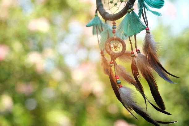 istock Soft focus dream catcher blue coral and natural bokeh background selective focus and blurry. Native american dream catcher. boho chic, ethnic amulet. 689048200
