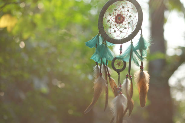 istock Soft focus dream catcher blue coral and natural bokeh background selective focus and blurry. (Vintage style) boho chic, ethnic amulet. 689048296