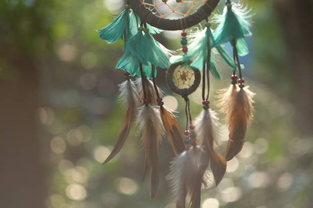 istock Soft focus dream catcher blue coral and natural bokeh background selective focus and blurry. (Vintage style) boho chic, ethnic amulet. 689048310