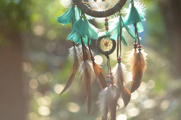 istock Soft focus dream catcher blue coral and natural bokeh background selective focus and blurry. (Vintage style) boho chic, ethnic amulet. 689048382