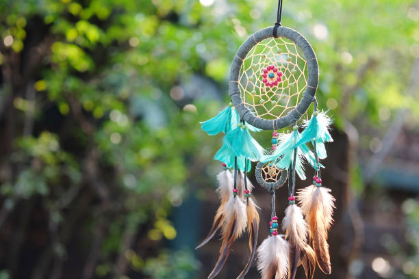 istock Dream Catcher Blue Coral with natural background in vintage style. boho chic, ethnic amulet. 689048496