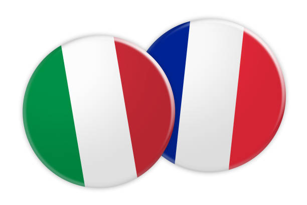 illustrazioni stock, clip art, cartoni animati e icone di tendenza di news concept: pulsante bandiera italia su francia pulsante bandiera, illustrazione 3d su sfondo bianco - france germany flag white background