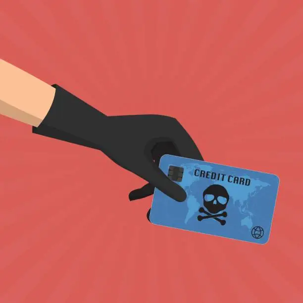 Vector illustration of Hacker theft hand holding a credit card fraud  with skull and crossbones on sun ray background. Vector illustration business data privacy concept.