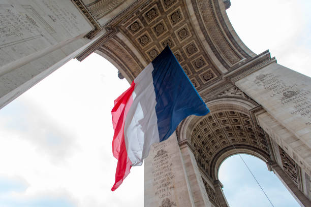 istock Panoramic view of the Arc de Triomphe and French flag in Paris 689064672