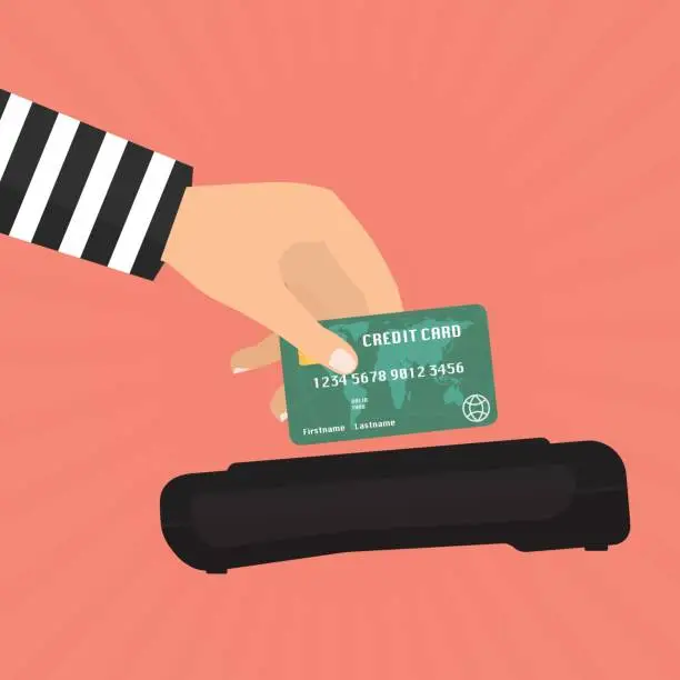 Vector illustration of Hacker theft hand holding a credit card fraud for paying with credit card reader. Vector illustration business data privacy concept.