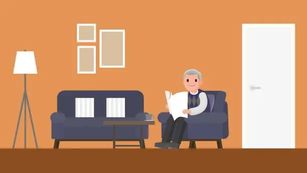 Vector illustration of grandfather sitting on a sofa in living room.