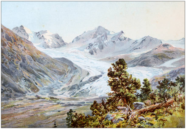 illustrations, cliparts, dessins animés et icônes de illustrations de couleur antique : glacier de rosegg - illustration and painting landscape old fashioned antique