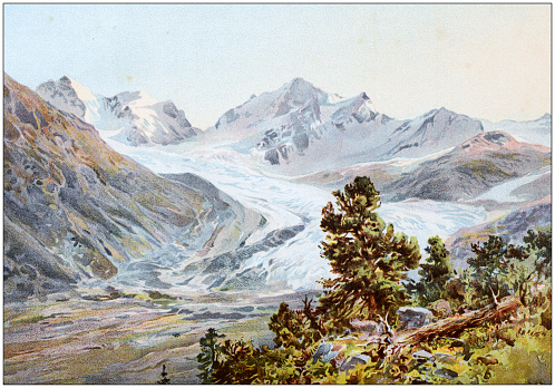 Antique colored illustrations: Rosegg glacier