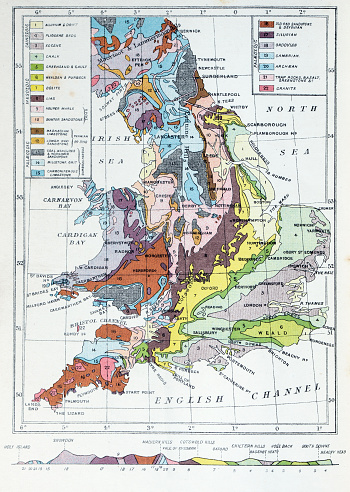 Antique colored illustrations: Geological map of England and Wales