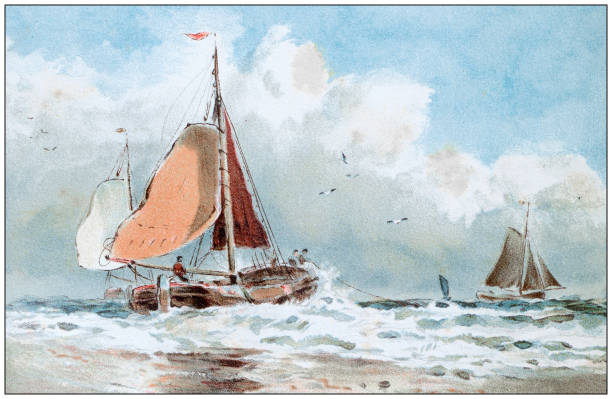 античные цветные иллюстрации: картина лодки - illustration and painting retro revival sailboat antique stock illustrations