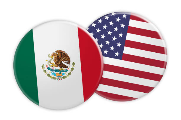 stockillustraties, clipart, cartoons en iconen met nieuws-concept: mexico knop op usa vlag knop markeren, 3d illustratie op witte achtergrond - usa mexico soccer