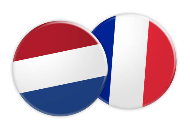 aktuelles konzept: niederlande flagge auf frankreich flagge taste, 3d illustration auf weißem hintergrund - france germany flag white background stock-grafiken, -clipart, -cartoons und -symbole