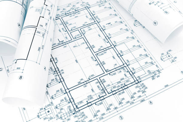 건축 프로젝트 계획과 청사진의 롤 스톡 사진