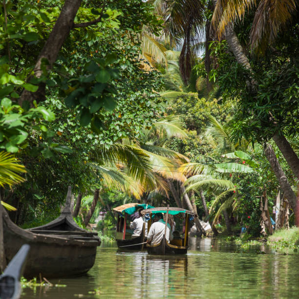ALLEPPEY, KERALA, INDIA - AUGUST 16, 2016: Unidentified indian people in small boat in backwaters. Kerala backwaters are both major tourist attraction and integral part of local people life in Kerala