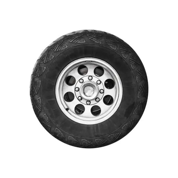 SUV car wheel, frontal view isolated on white background