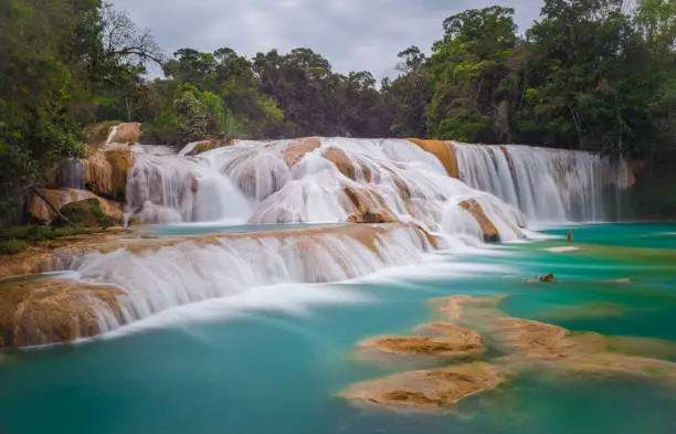 Long exposure and complete view of the Agua Azul waterfall with the turquoise colors coming from sediments and minerals. Located near Palenque in the state of Chaipas, Mexico.