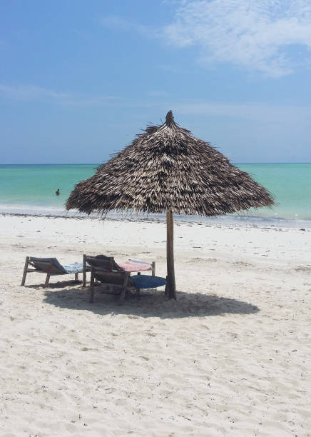 istock Sunny beach with a sun umbrella 689093658