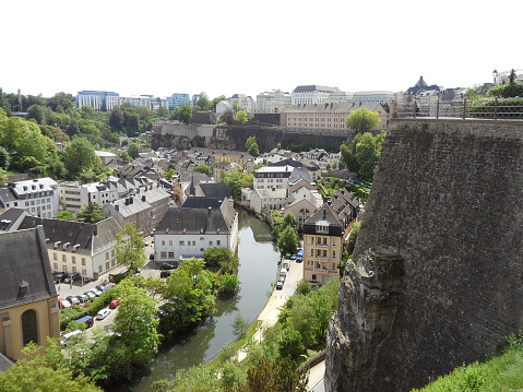 Stunning view of the lower city along Alzette river and Le Chemin de la Corniche of Luxembourg