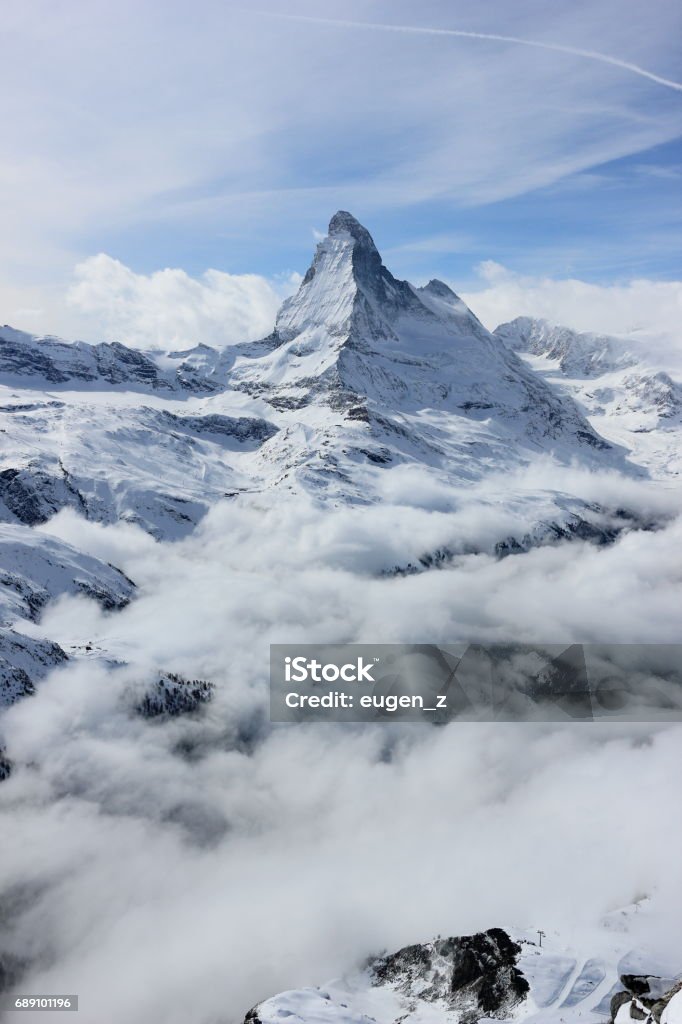 View of the Matterhorn from the Rothorn summit station. Swiss Alps, Valais, Switzerland. The Unterrothon (or simply Rothorn) is a mountain of the Swiss Pennine Alps, overlooking Zermatt in the canton of Valais. It is located west of the Oberrothorn, on the range north of the Findel Glacier.
 Matterhorn Stock Photo