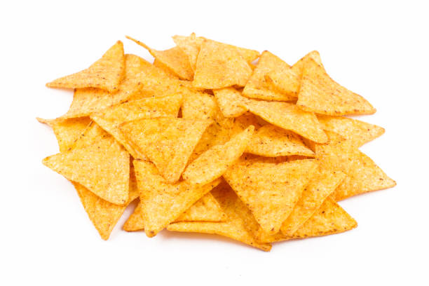 istock Front view of nachos snacks pile isolated on white 689103590