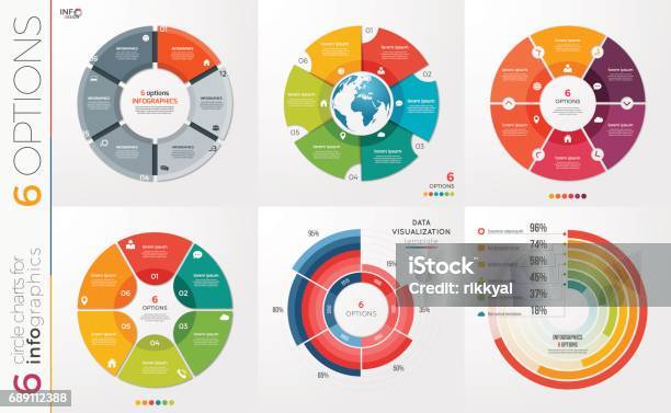 Ilustración de Colección De 6 Plantillas De Gráfico Vectorial Círculo Para Infografía Con 6 Opciones y más Vectores Libres de Derechos de Infografía