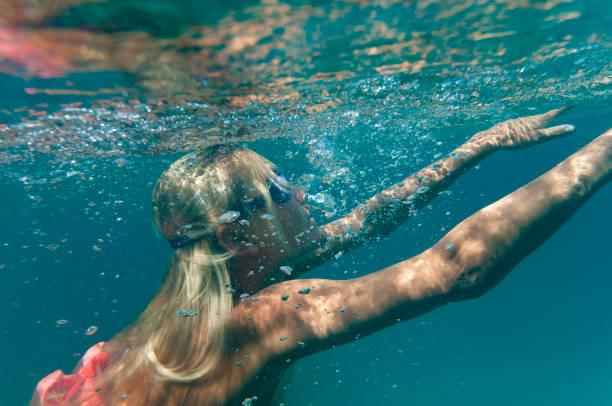 istock Blond girl swimming with diving goggles 689115308