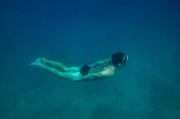istock Free diver floating on sea floor 689115418