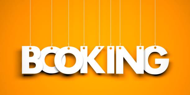 istock Booking word suspended by ropes on orange background. 3d illustration 689127126