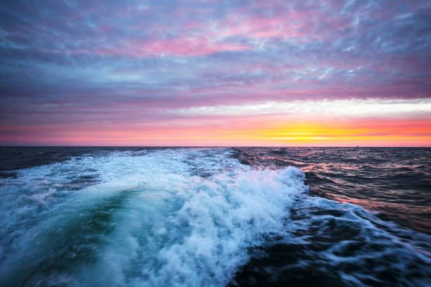 A wake of a motorboat at sunset time stock photo