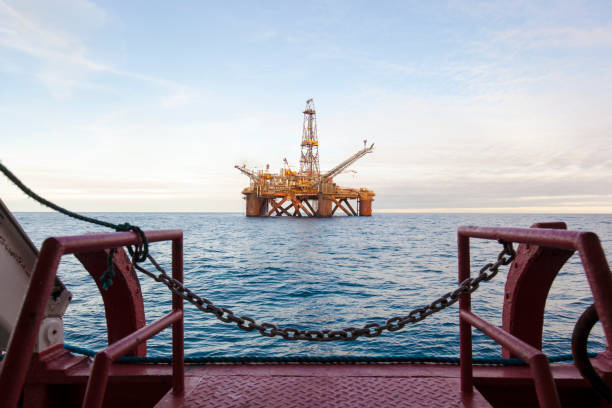 An offshore oil installation. View from ship stock photo