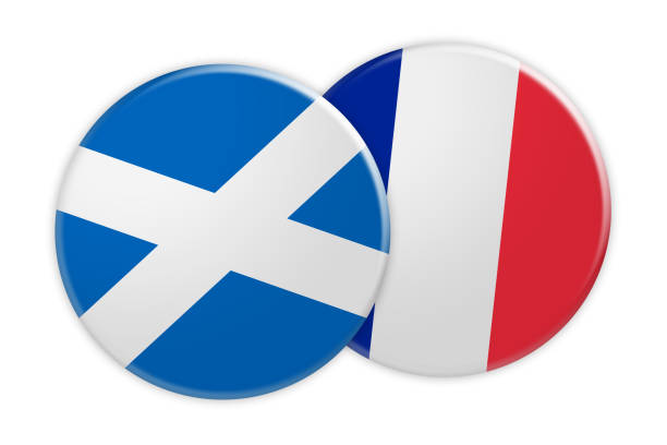 illustrazioni stock, clip art, cartoni animati e icone di tendenza di concetto di notizie: scotland flag button on france flag button, illustrazione 3d su sfondo bianco - france germany flag white background