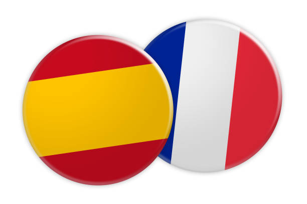 illustrazioni stock, clip art, cartoni animati e icone di tendenza di concetto di notizie: pulsante bandiera spagna su francia pulsante bandiera, illustrazione 3d su sfondo bianco - france germany flag white background