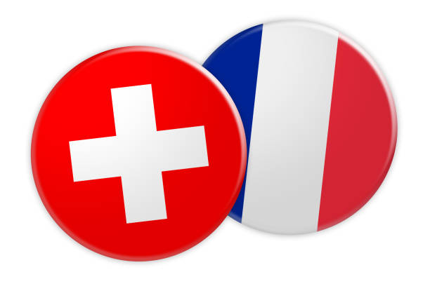 illustrazioni stock, clip art, cartoni animati e icone di tendenza di concetto di notizie: pulsante bandiera svizzera sul pulsante bandiera francia, illustrazione 3d su sfondo bianco - france germany flag white background