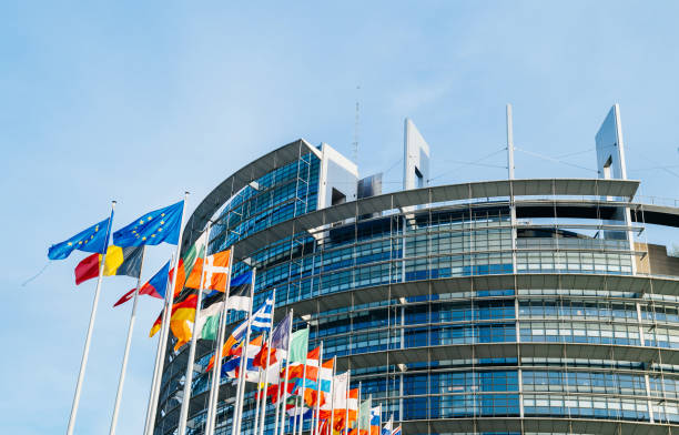 European Parliament flags in front of the main building Strasbourg: The European Parliament building in Strasbourg, France with flags waving calmly celebrating peace of the Europe european parliament stock pictures, royalty-free photos & images