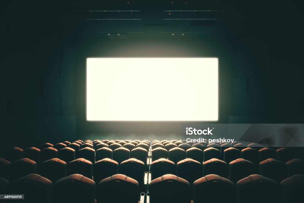 Blank cinema screen toning Front view of cinema with blank screen. Toned image. Mock up, Ad concept, 3D Rendering Movie Theater Stock Photo